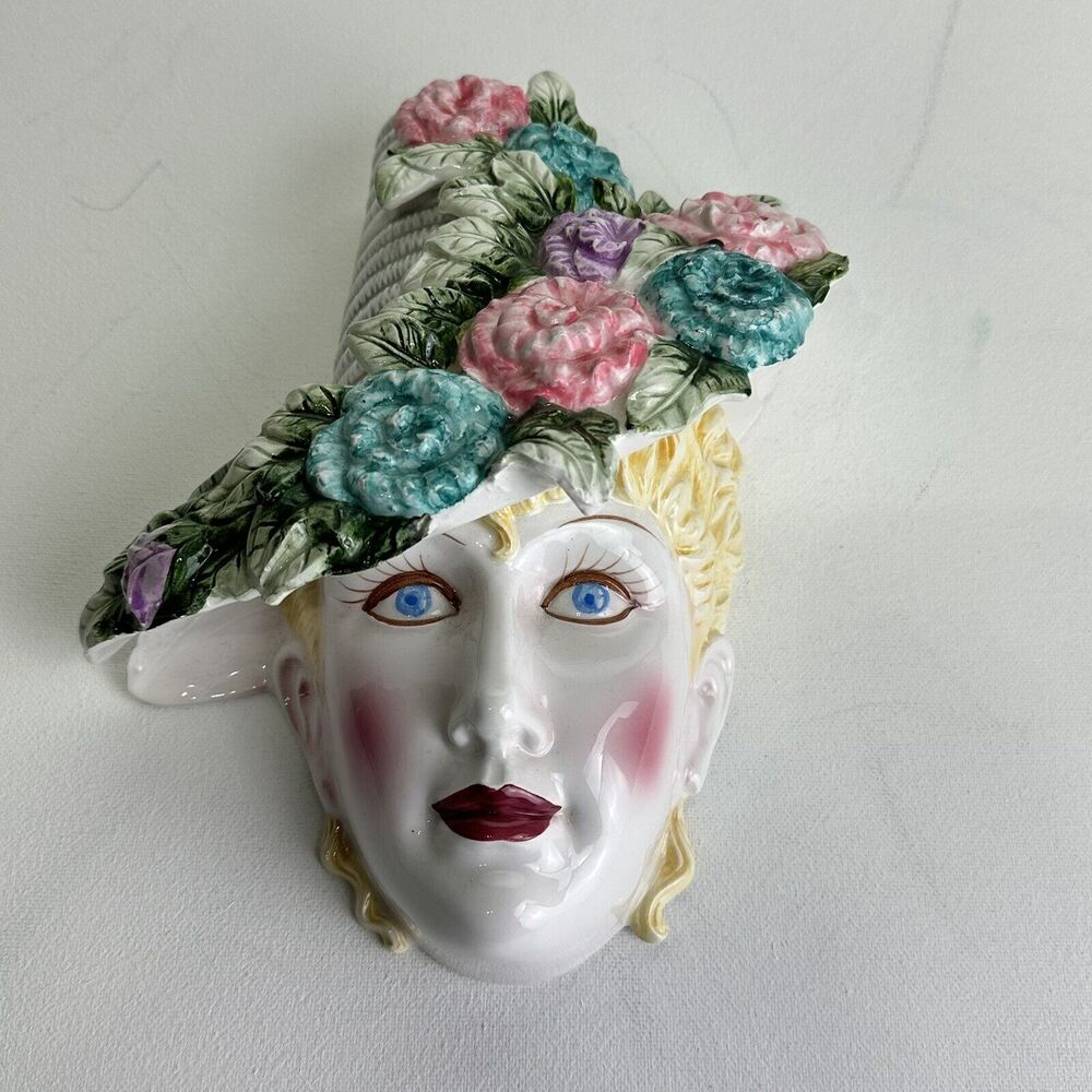 Vintage Art Pottery Clay Mask Woman Floral Hat Face Mask Wall Hanging